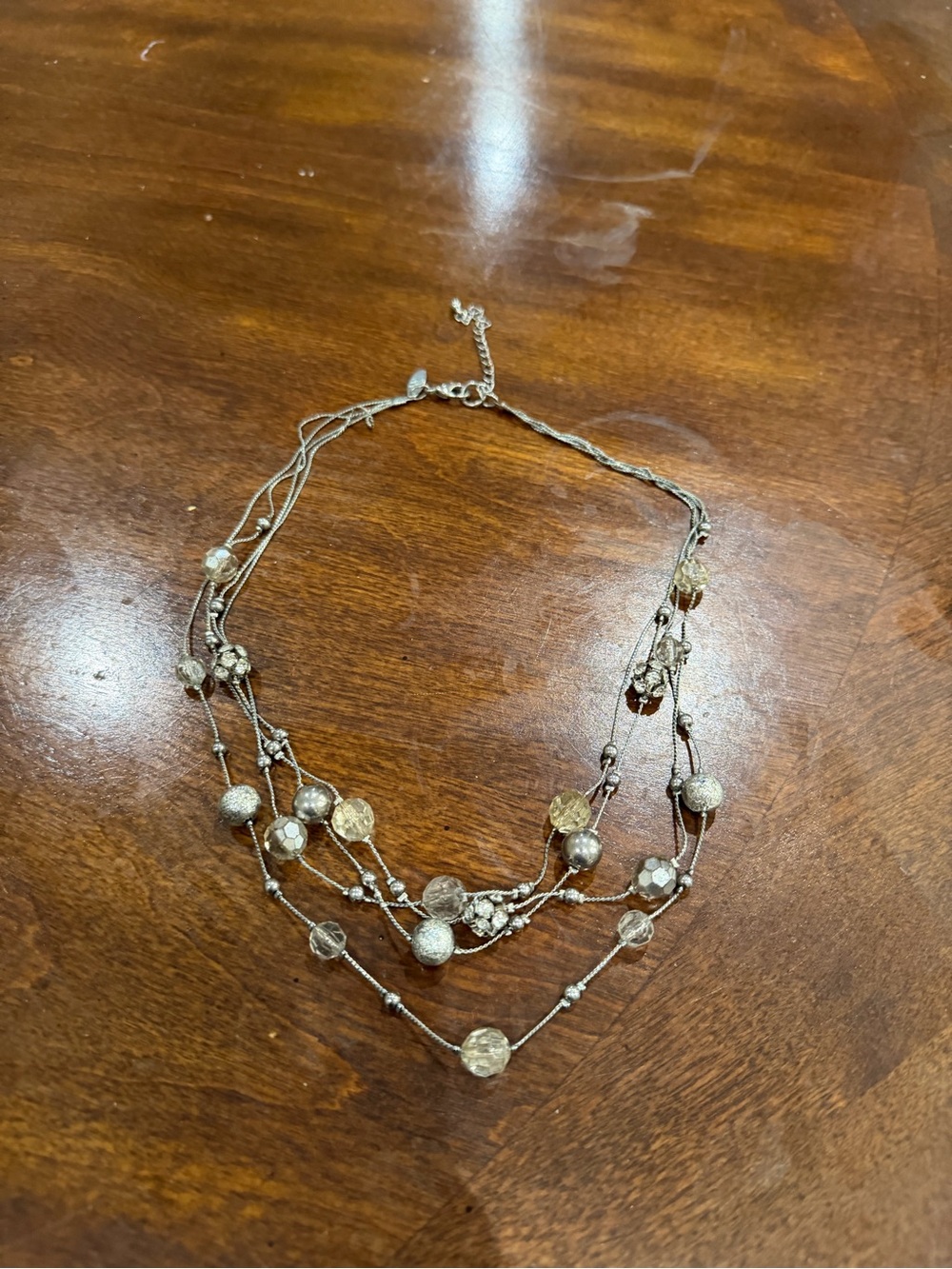 Vintage NY & Co 3 Stranded Layered Statement Necklace- Silver & Clear Beads